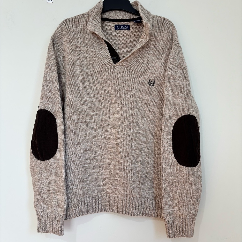 Chaps Men Beige Brown Quarter Button Long Sleeve Elbow Patch Cotton Knit sweater - Picture 1 of 16